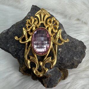 Vintage Gold Tone Art Nouveau Style Purple Rhinestone Brooch